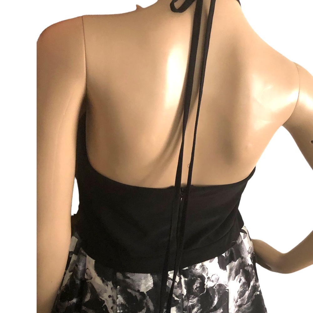 Party Prom Dress Black & White Halter Neckline Satin Floral Flare Skirt Pocke… - Picture 5 of 10